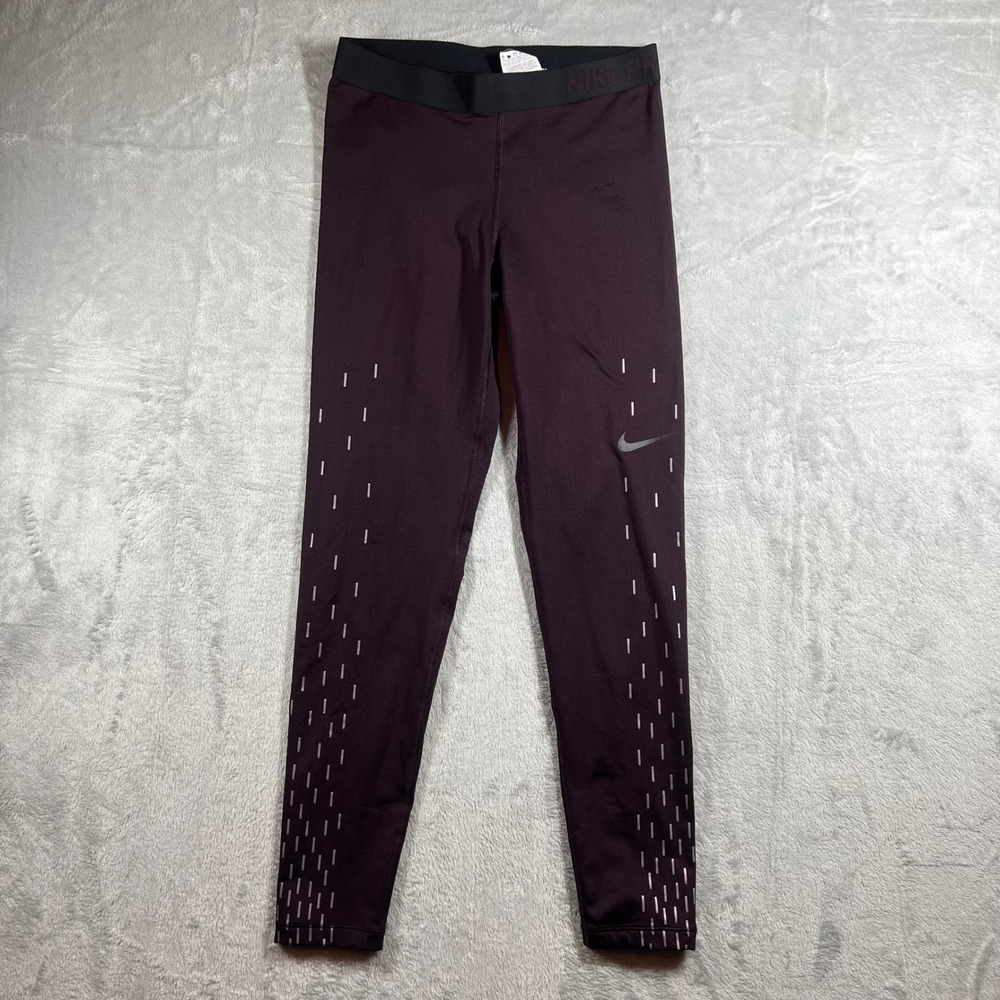 Nike Pro Dri-FIT Womens Burgundy Reflective Dash Training Leggings 914766-652 L